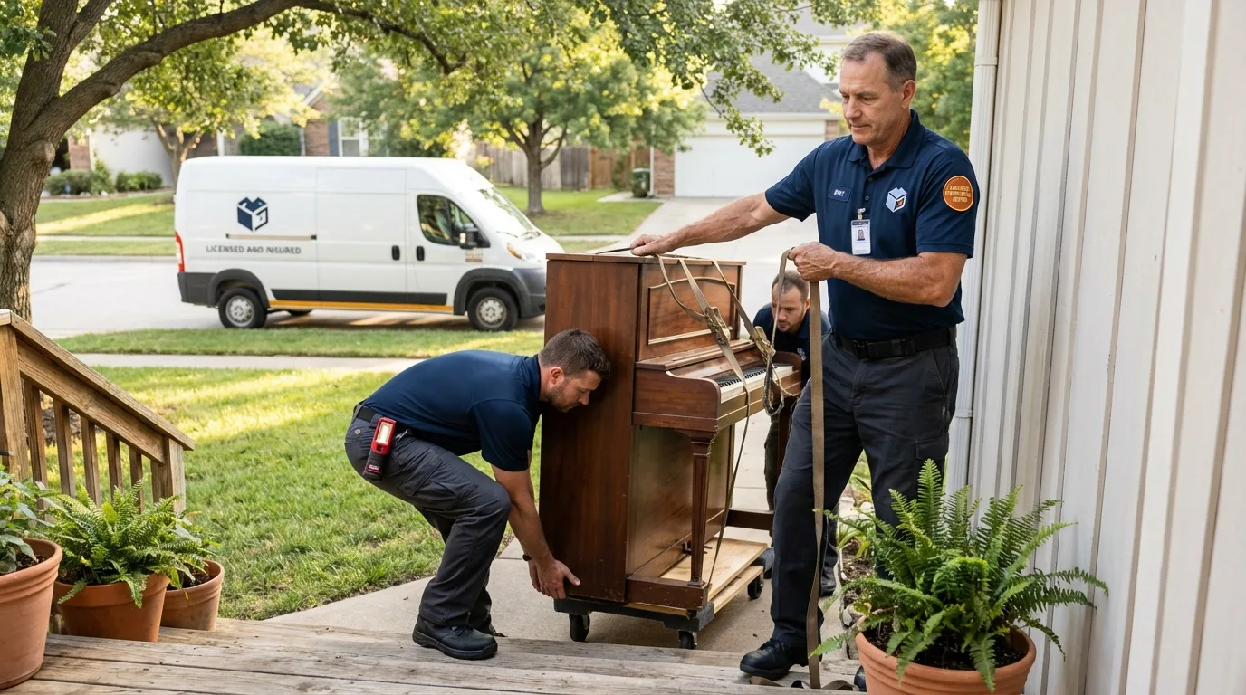 Licensed piano movers securing grand piano in Dunstable, MA