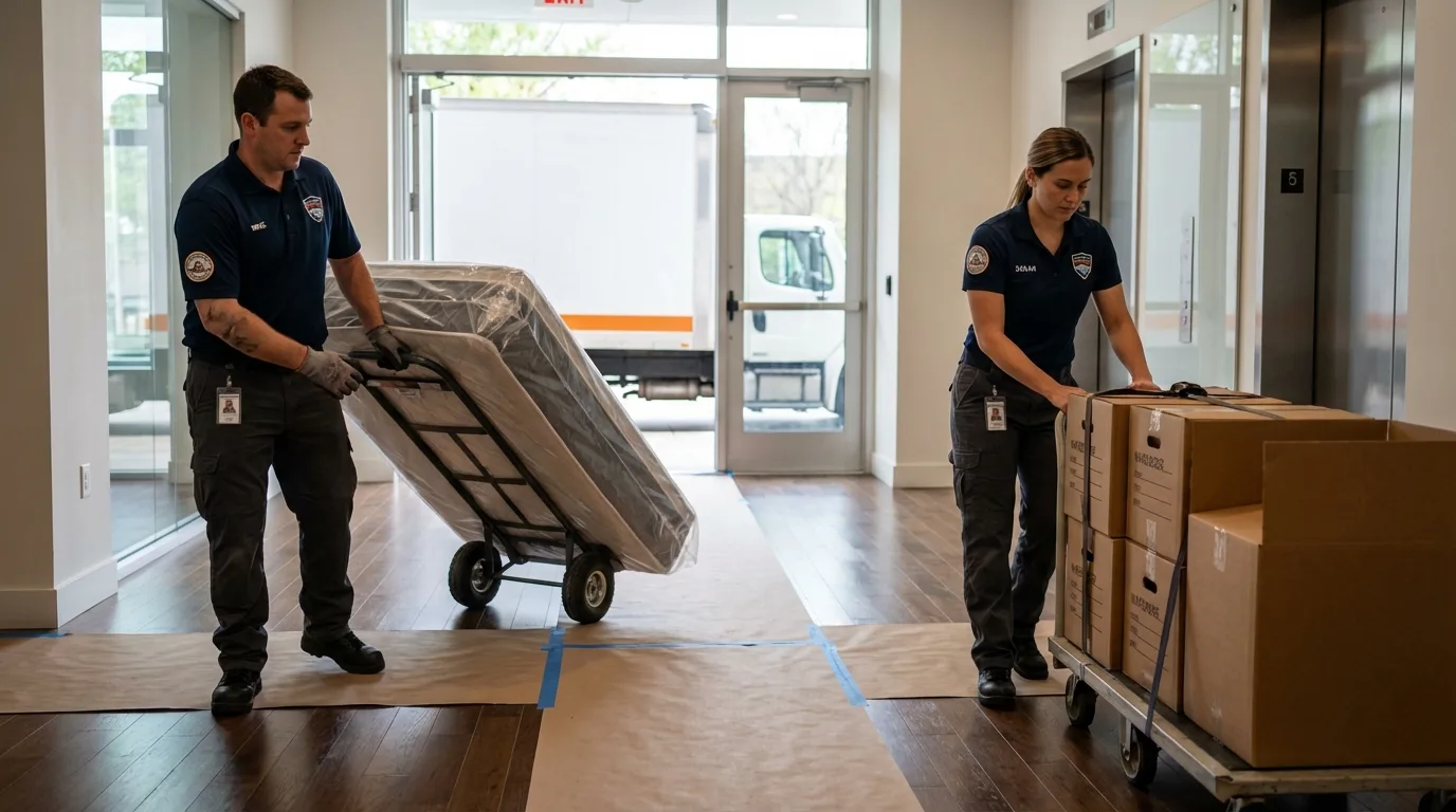 Professional apartment movers loading elevator in Dunstable, MA