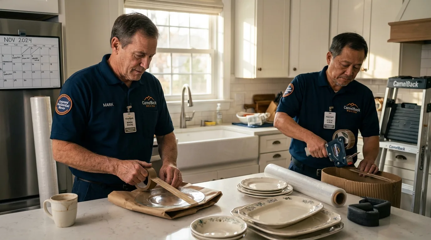 Professional crew packing kitchen dishware in Dunstable, MA